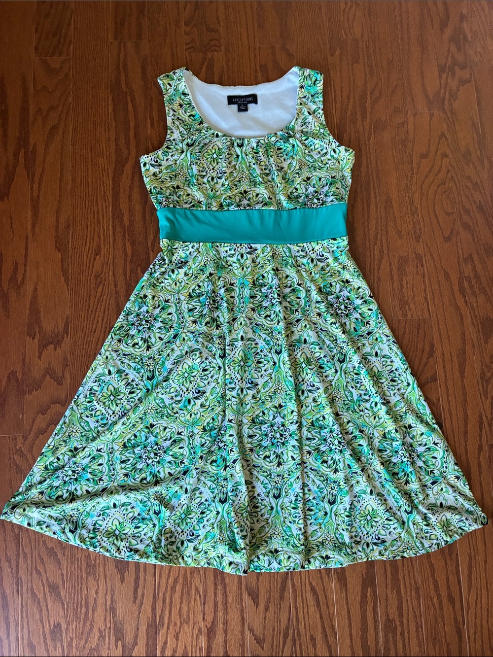 Perceptions Green & Yellow Patterned Sleeveless Dress with Teal Waistband S